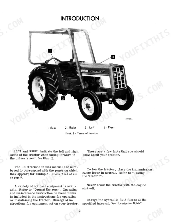 Case IH 464 Tractor, International 464 Tractors: Diagram showing tractor terms of location for front, rear, left, right.