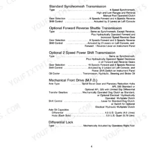 Case IH 485 Tractor specifications table for transmission types, mechanical front drive, and differential lock.