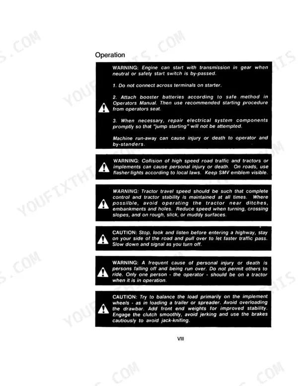 Case IH 485 Tractor operator manual page showing safety warnings for jump starting, road travel, and load stability.