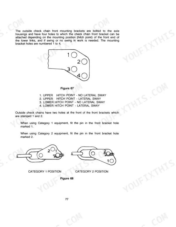 Case IH 485 Tractor check chain mounting bracket adjustment and Category 1 and 2 hitch point position diagrams.