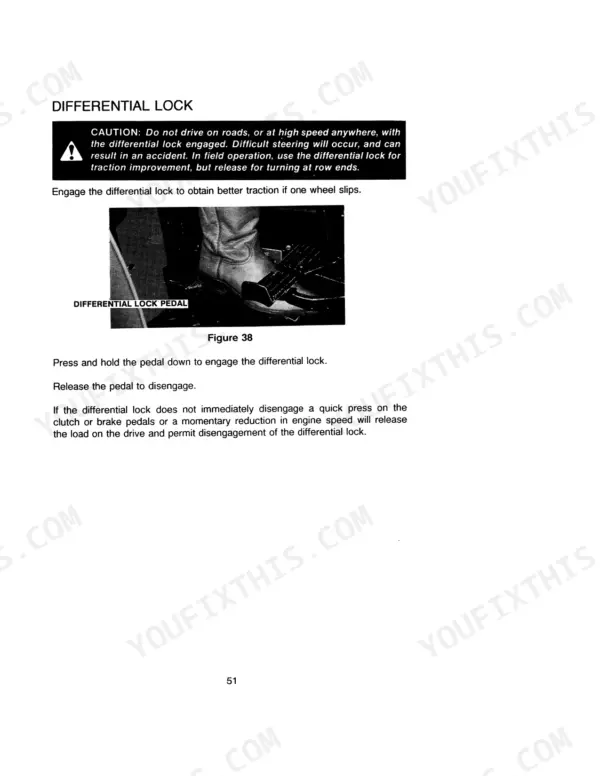 Case IH 485 Tractor differential lock pedal operation instructions and safety caution diagram.