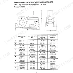 Case IH 585 tractor dimensions and weights table for Row Crop and Low Profile ROPS models with labeled diagram.