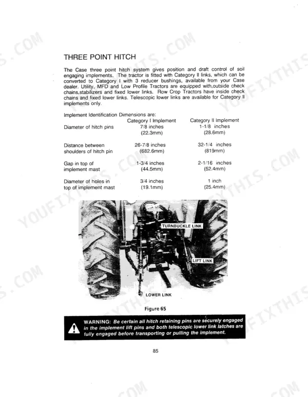 Case IH 585 three point hitch system specifications table and component identification diagram showing lift and lower links.