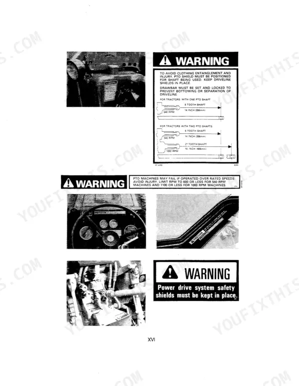 Case IH 585 operator manual safety page showing PTO shaft length diagrams, speed warnings, and power drive system labels.