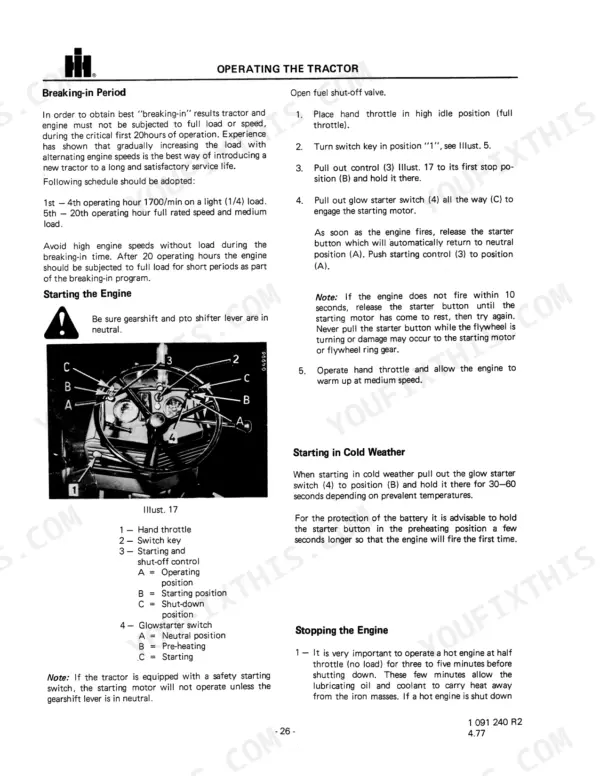 Case IH 644, 744, 844, 844S manual page showing engine breaking-in, starting procedures, and tractor controls diagram.