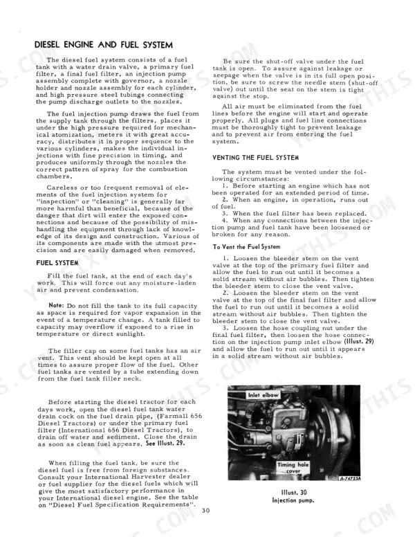Case IH 656, 656 Tractor, Farmall 656, International 656, diesel fuel system operation, venting procedures, and injection pump diagram.