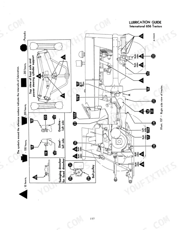 Case IH 656, 656 Tractor, Farmall 656, International 656: Lubrication guide diagram showing grease points and intervals.