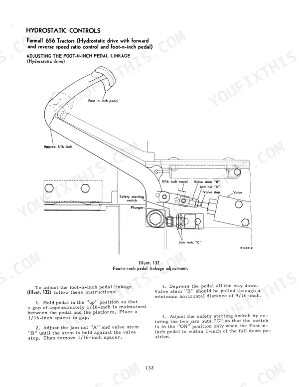 Case IH 656, Farmall 656: Diagram and procedure for adjusting the hydrostatic foot-n-inch pedal linkage and safety switch.