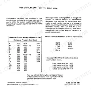Case IH 666 Tractor, International Farmall 666 Series Tractors, Hi-Clear Model, gasoline cap exchange program model list.