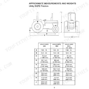 Case IH 685 Tractor utility ROPS model dimensions and weight specifications table with side and front view diagrams.