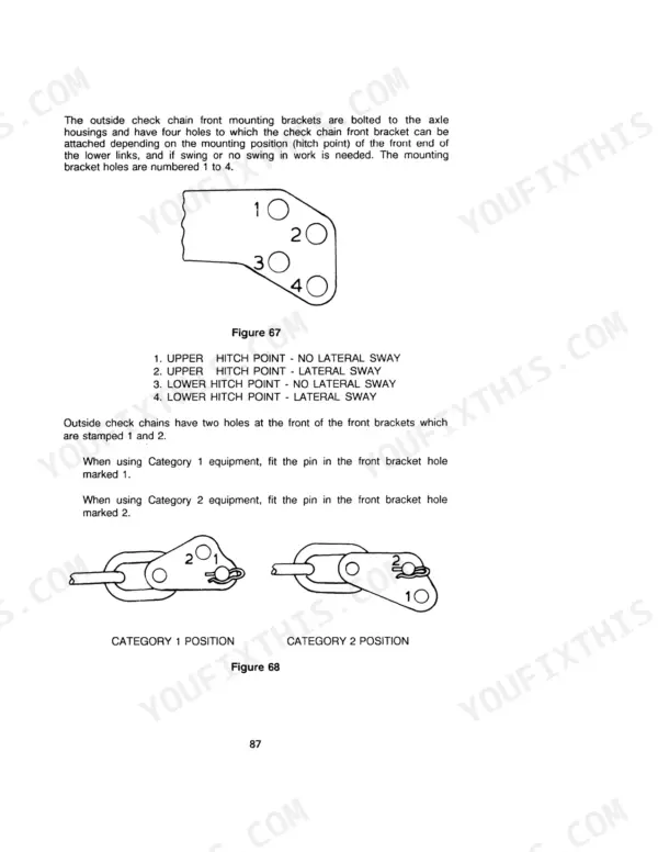 Case IH 685 Tractor check chain mounting bracket diagrams and Category 1 and 2 hitch position adjustment procedures.