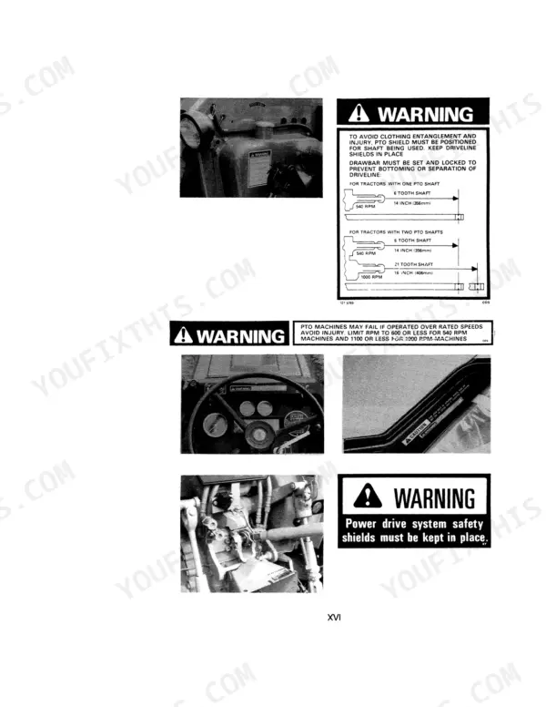 Case IH 685 Tractor PTO safety warning decals, driveline spacing diagrams, and power drive system shield instructions.