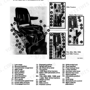 Case IH 786, 886, 986, 1086, 1486, 1586, Hydro-186 tractor seat controls, console levers, and numbered identification key.