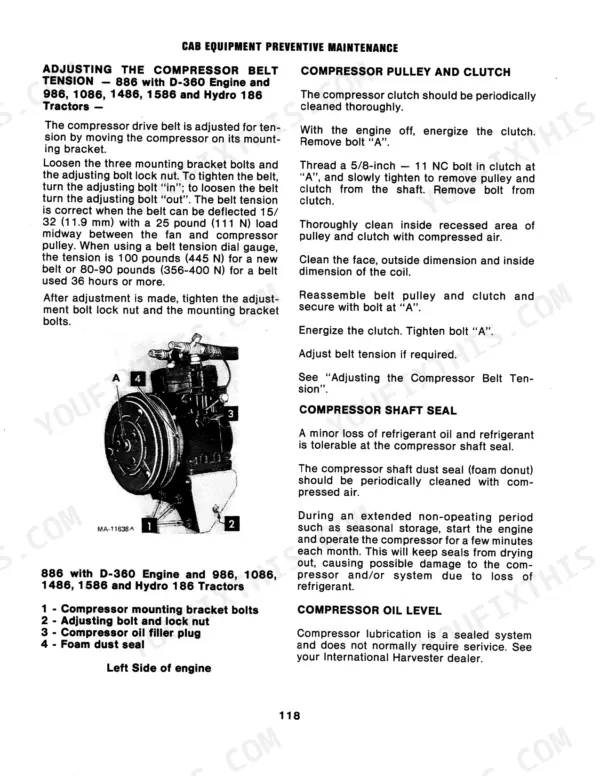 Case IH 786, 886, 986, 1086, 1486, 1586, Hydro-186 AC compressor belt tension and clutch maintenance procedures.