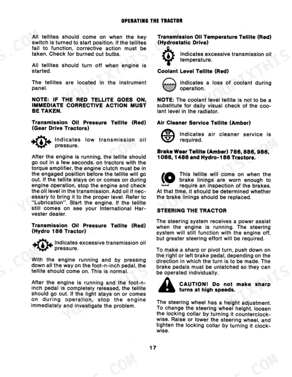 Case IH 786, 886, 986, 1086, 1486, 1586, Hydro-186 manual page explaining instrument panel tellite indicators and steering.