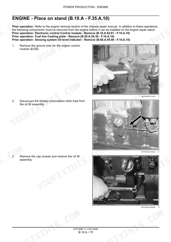 Case IH 6TAA-8304 6TAA-9004 engine placement on stand procedure and oil fill assembly removal