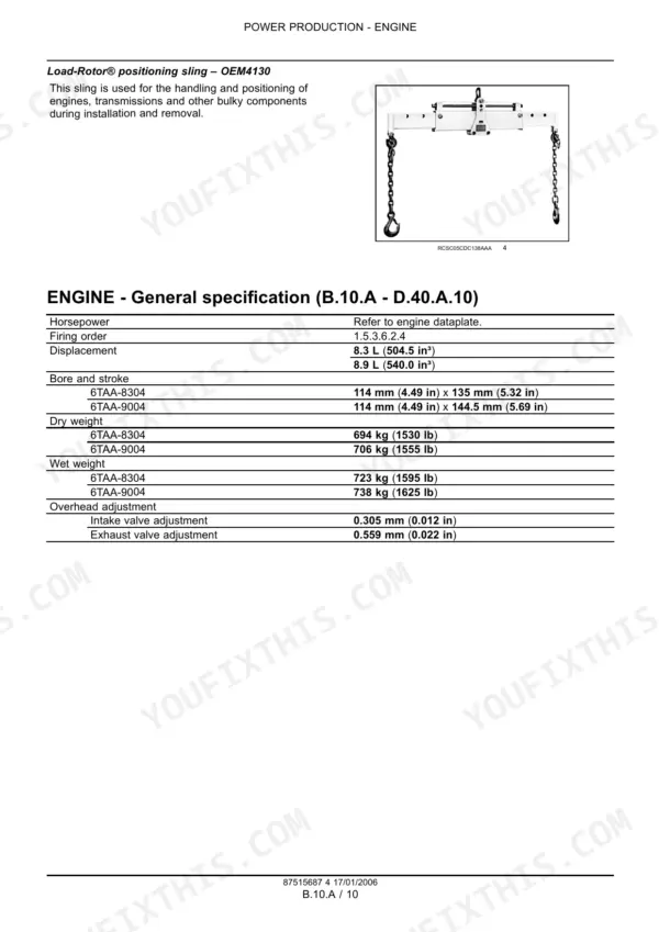 Case IH 6TAA-8304 6TAA-9004 engine specifications table with Load-Rotor positioning sling diagram