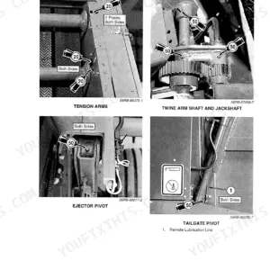 Case IH 8455, 8465 Round Baler lubrication points for tension arms, twine arm shaft, jackshaft, ejector pivot, and tailgate pivot.