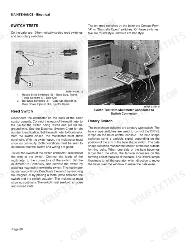 Case IH 8455, 8465 Round Baler maintenance procedures for testing reed and rotary switches using a multimeter.