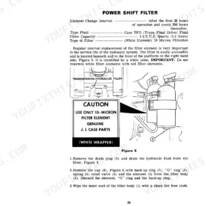 Case IH 870, 870 TRACTOR power shift filter maintenance, fluid specs, and filter replacement procedure diagram.