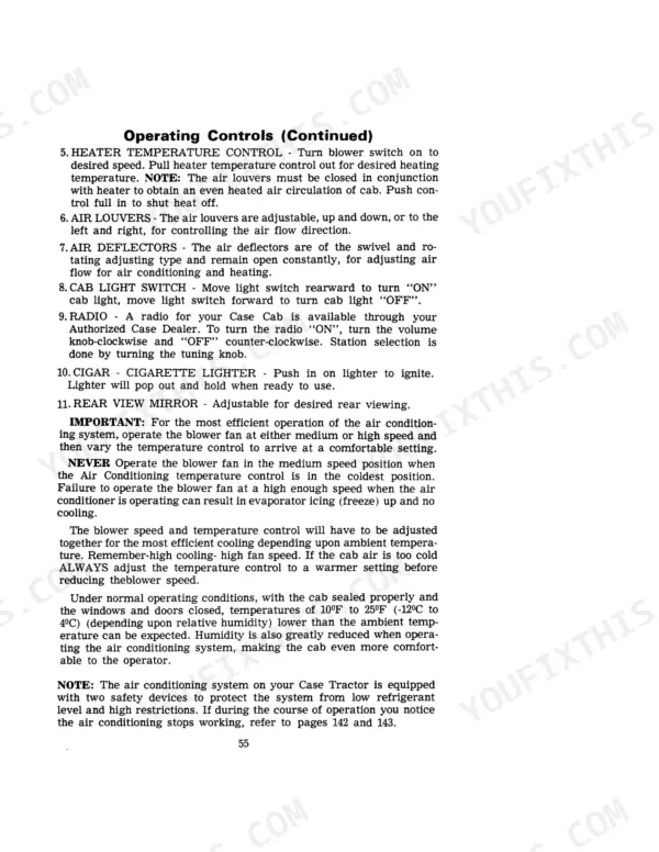 Case IH 870, 870 TRACTOR operator manual page for cab controls, heater, AC, radio, and air conditioning operation.