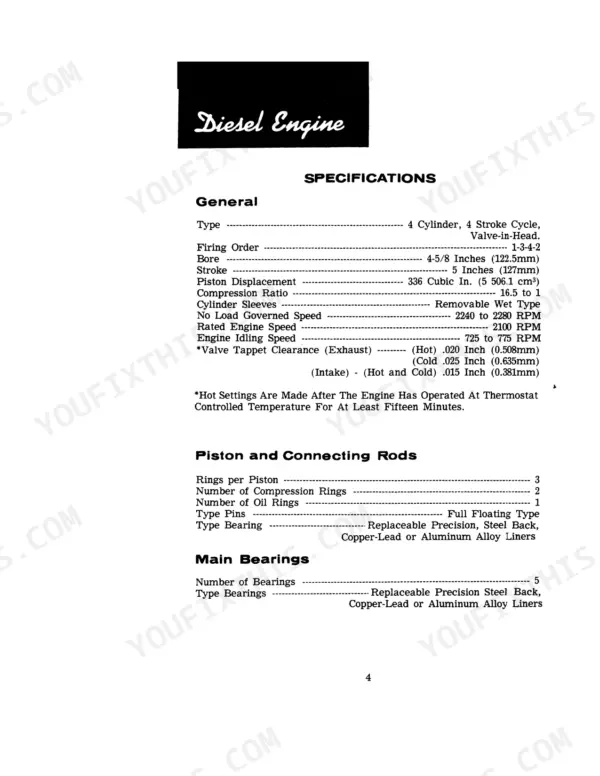 Case IH 870, 870 TRACTOR diesel engine specifications table including bore, stroke, firing order, and valve clearances.