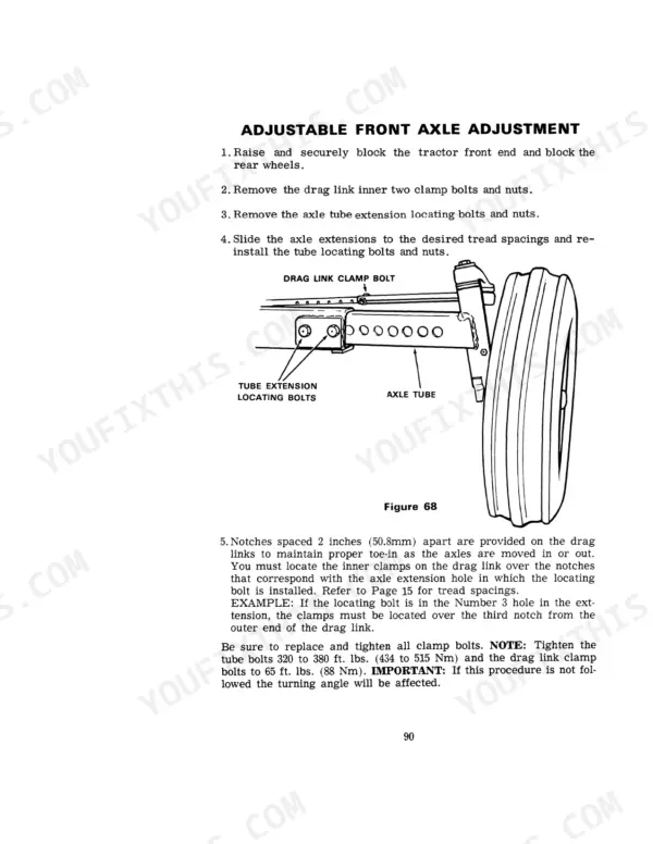 Case IH 870, 870 TRACTOR adjustable front axle adjustment procedure, diagram of axle tube, drag link, and locating bolts.