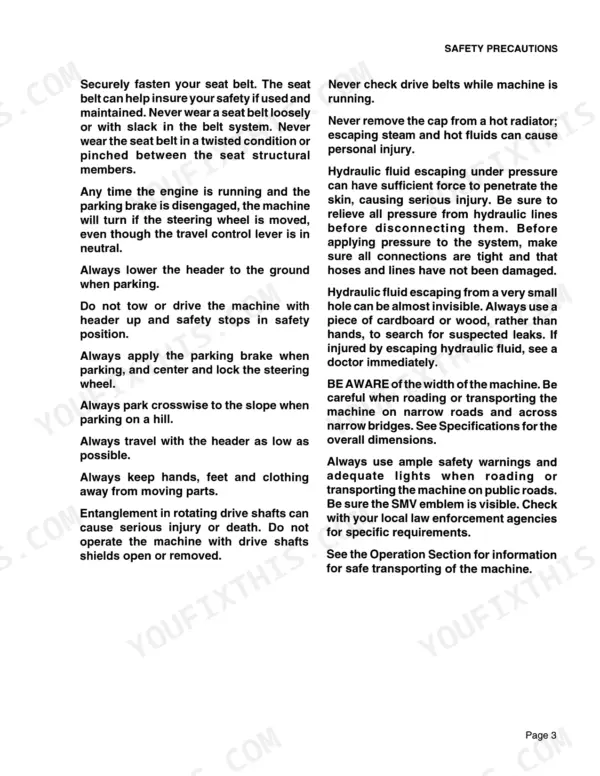 Case IH 8825, 8825HP Windrower Tractor safety precautions manual page covering seat belts, hydraulics, and transport.