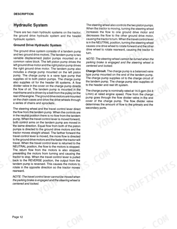 Case IH 8825, 8825HP Windrower Tractor hydraulic system description, covering ground drive and charge circuit operation.