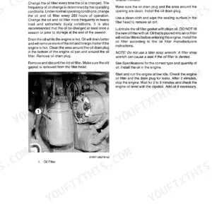 Case IH 8825, 8825HP Windrower Tractor engine oil and filter change procedure with component diagram.