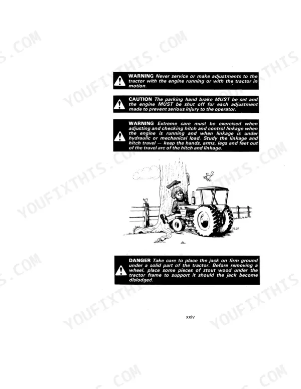 David Brown 885, 885N, 885/885N Tractor safety warnings for engine, hitch, linkage, and jack operation procedures.