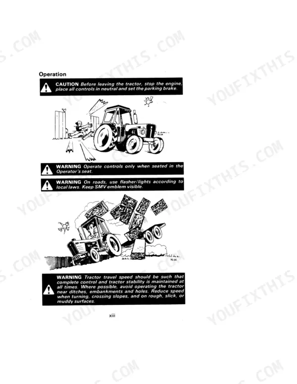 David Brown 885, 885N, 885/885N Tractor, 885 Tractor safety operation manual page with hazard warnings and illustrations.