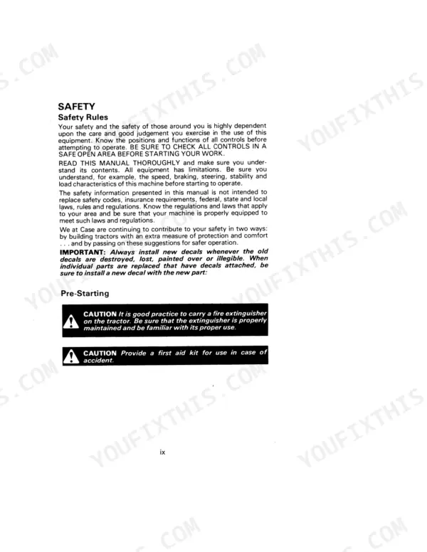 David Brown 885, 885N, 885/885N Tractor, 885 Tractor safety rules page including pre-starting caution labels for fire extinguisher and first aid kit.