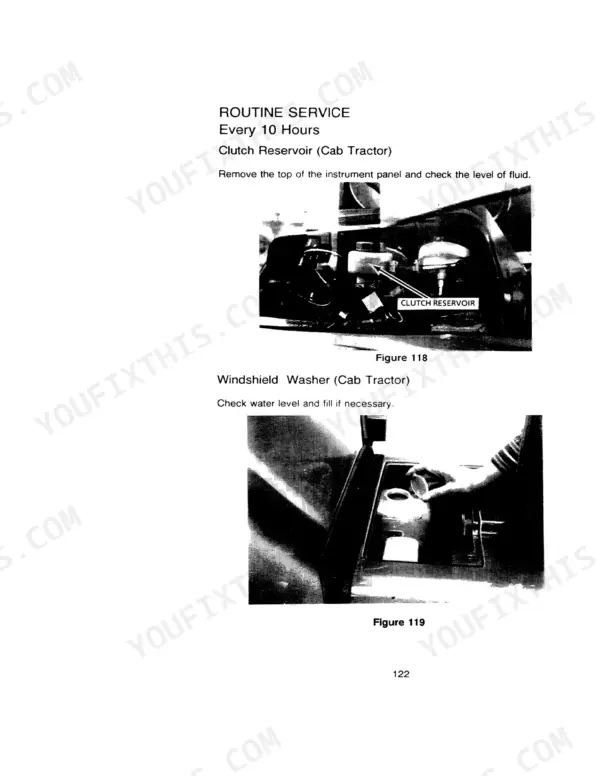 Case IH 885 routine service guide for checking clutch reservoir and windshield washer fluid levels on cab tractors.