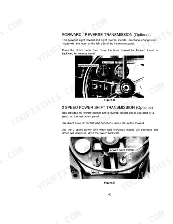 Case IH 885 manual showing forward/reverse transmission lever and 2 speed power shift switch operation instructions.