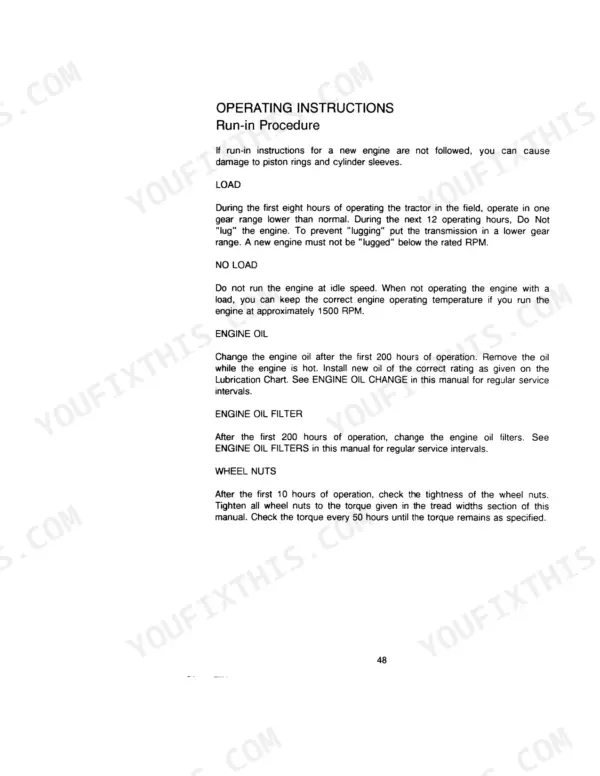 Case IH 885 operator manual page detailing engine run-in procedure, oil change intervals, and wheel nut torque requirements.