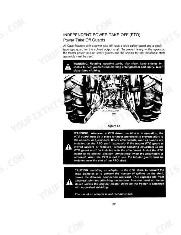 Case IH 885 independent PTO safety guard diagram and operating warnings for rotating machine parts and shaft shields.