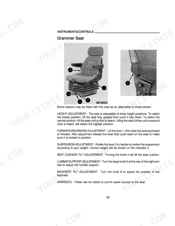 Case IH 895, 995 Tractors: Grammer seat adjustment procedures, including height, suspension, lumbar, and tilt controls.