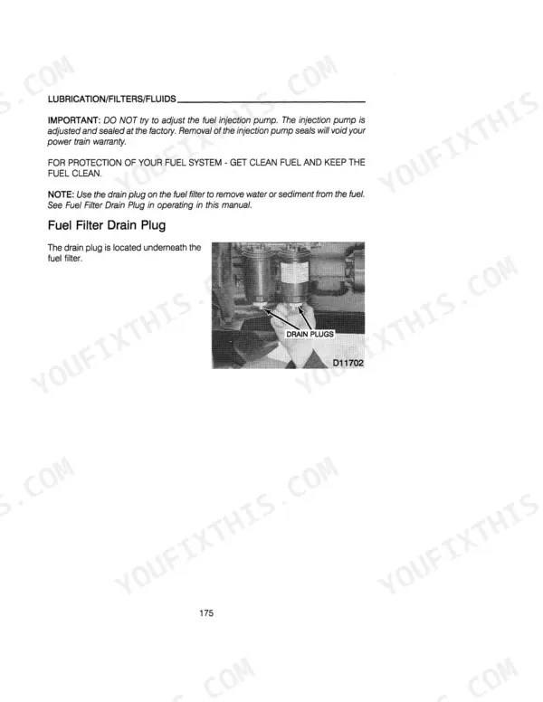 Case IH 895, 995 Tractors: Fuel filter drain plug location and maintenance procedure with component diagram.