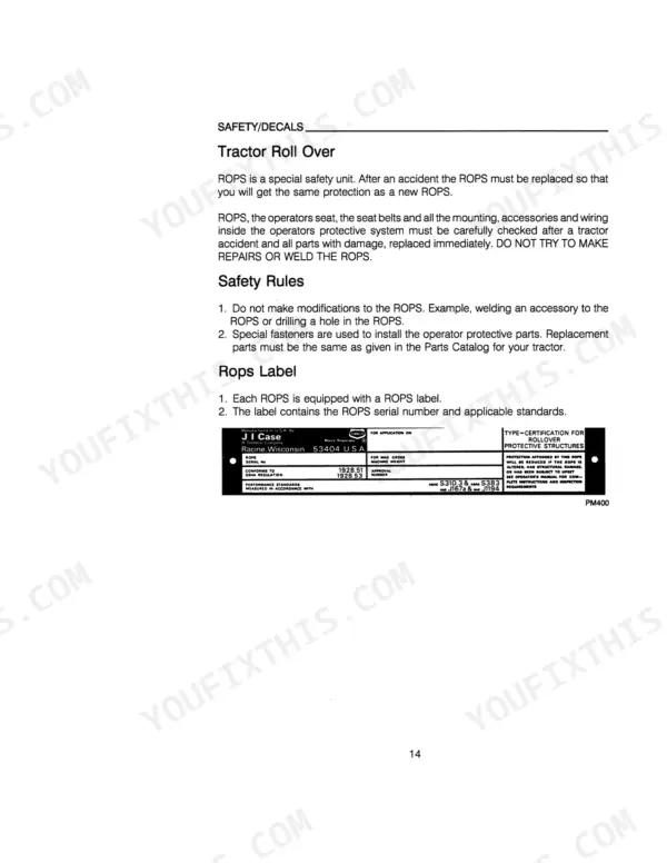 Case IH 895, 995 Tractors safety manual page covering ROPS rollover protection, safety rules, and ROPS label identification.