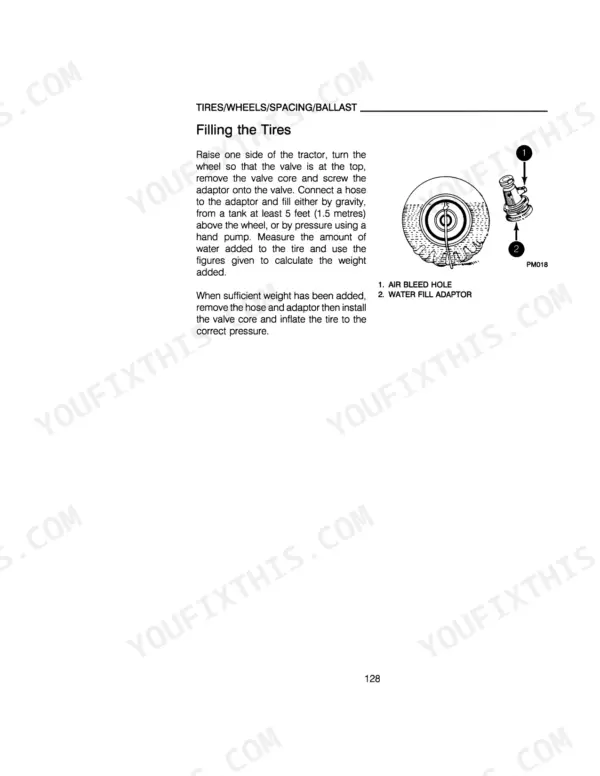 Case IH 895, 995, 895 Tractors, 995 Tractors manual page showing procedure for filling tractor tires with liquid ballast.