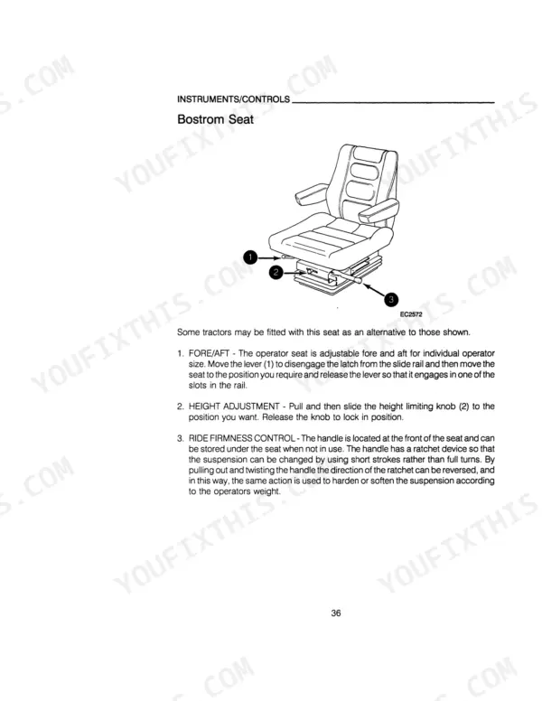 Case IH 895, 995 Tractors: Bostrom seat diagram showing fore/aft, height, and ride firmness control adjustment procedures.