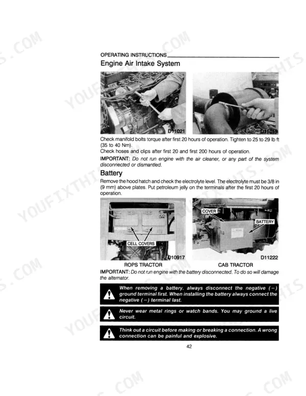 Case IH 895, 995 Tractors engine air intake system maintenance and battery electrolyte level check procedures.