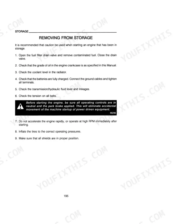 Case IH 895, 995 Tractors: Step-by-step procedure for removing the tractor engine from long-term storage.