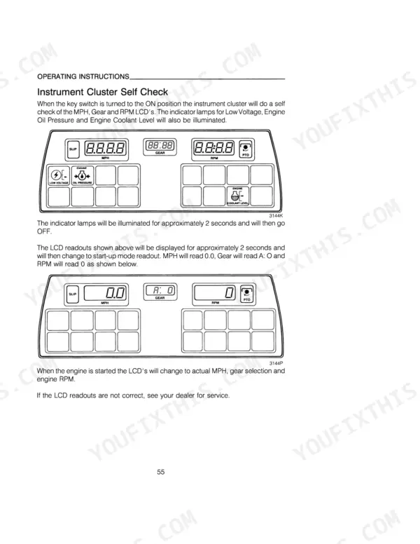 Case IH 9110, 9130, 9110-9130 instrument cluster self-check operating instructions and LCD display diagrams.