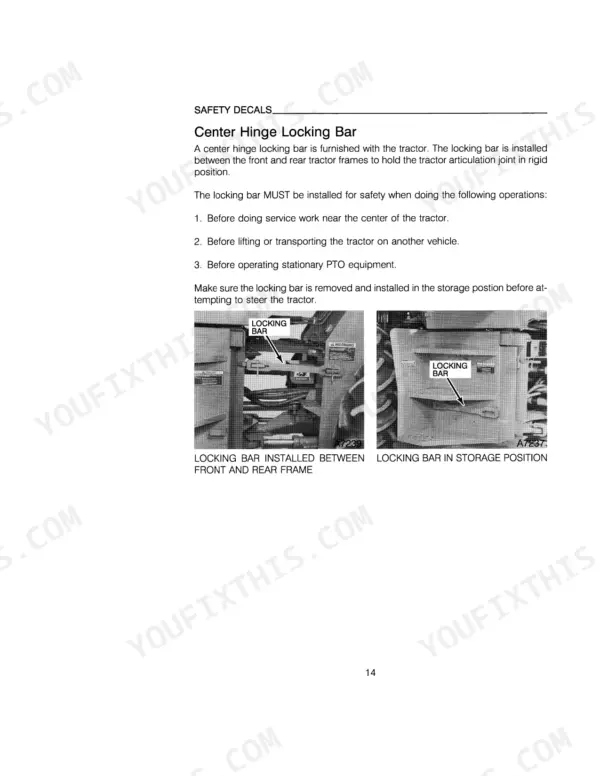 Case IH 9110, 9130, 9110-9130 safety instructions for center hinge locking bar installation and storage positions.