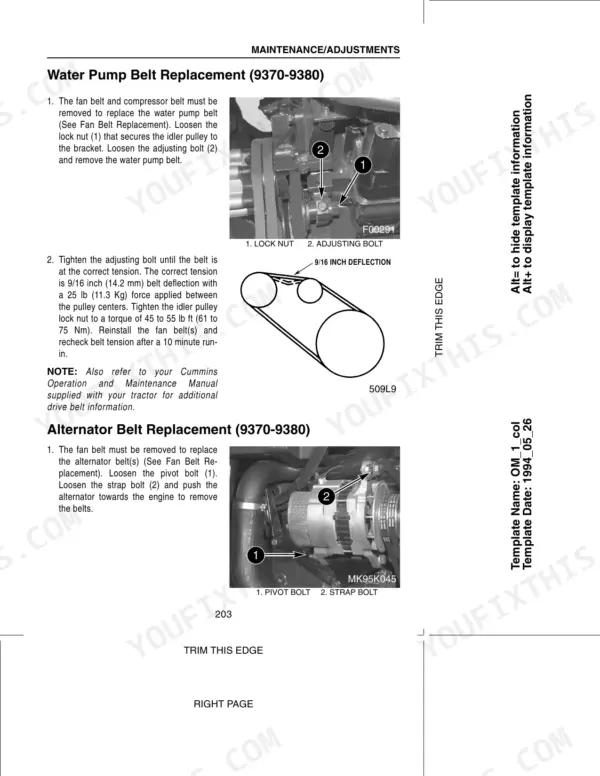 Case IH 9370, 9380, 9390 water pump and alternator belt replacement procedures with adjustment diagrams.