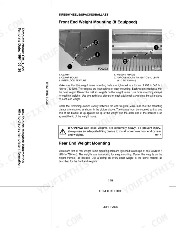 Case IH 9370, 9380, 9390 front and rear end weight mounting procedures, torque specs, and clamp installation guide.