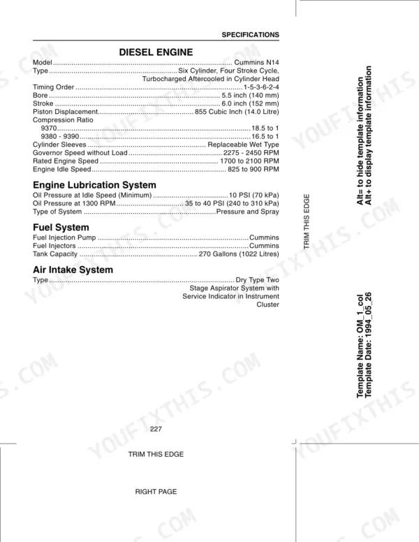 Case IH 9370, 9380, 9390 diesel engine specifications table including lubrication, fuel, and air intake system data.