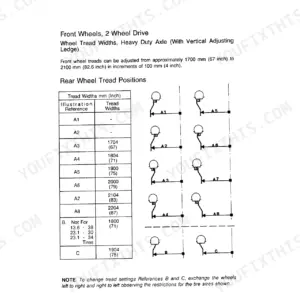 Case IH 956, 956XL, 1056, 1056XL front and rear wheel tread width adjustment table and position diagrams.